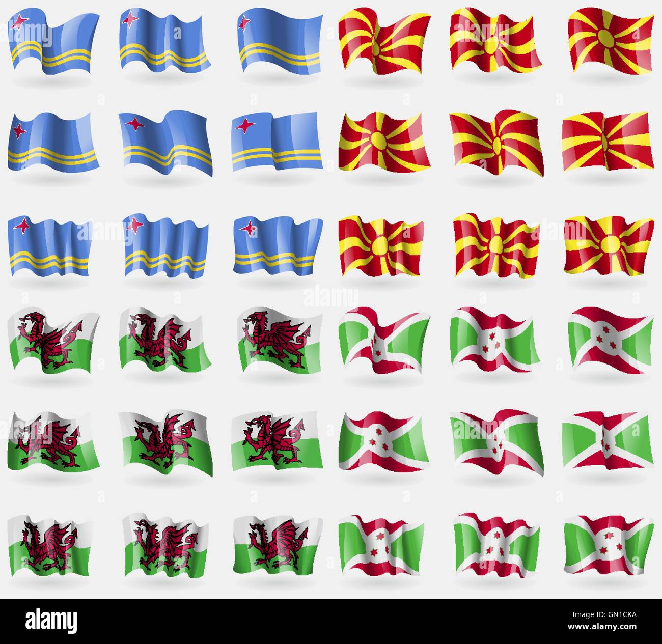 Aruba, Macedonia, il Galles, in Burundi. Set di 36 bandiere dei paesi del mondo. Vettore Illustrazione Vettoriale