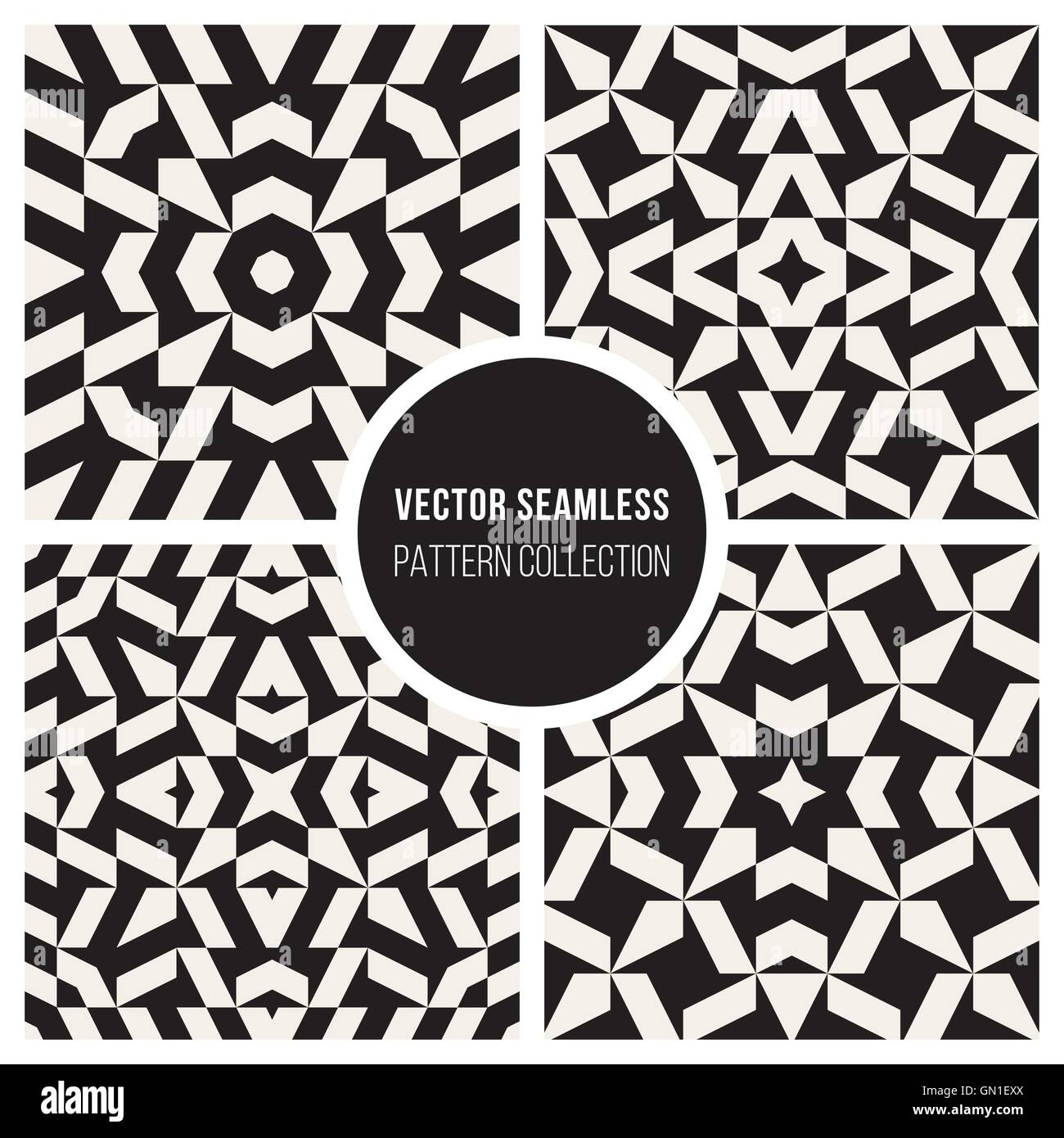 Set di quattro Vector Seamless in bianco e nero di etnia ornamentali geometrici Stella Illustrazione Vettoriale