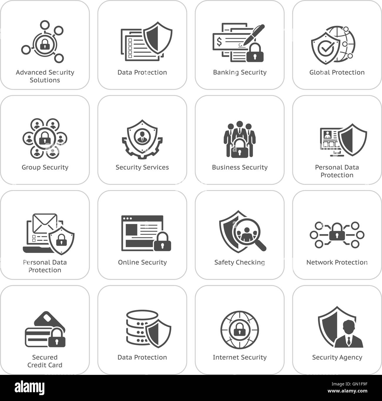 Design piatto e Protezione set di icone. Illustrazione Vettoriale