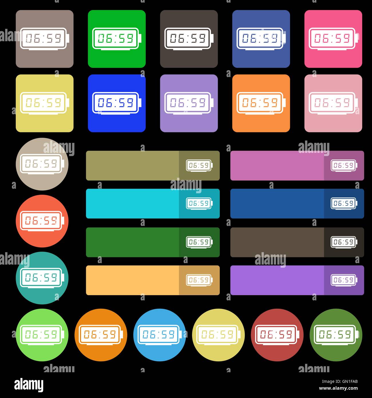 Sveglia icona segno. Set da venti sette multicolore pulsanti piana. Vettore Illustrazione Vettoriale