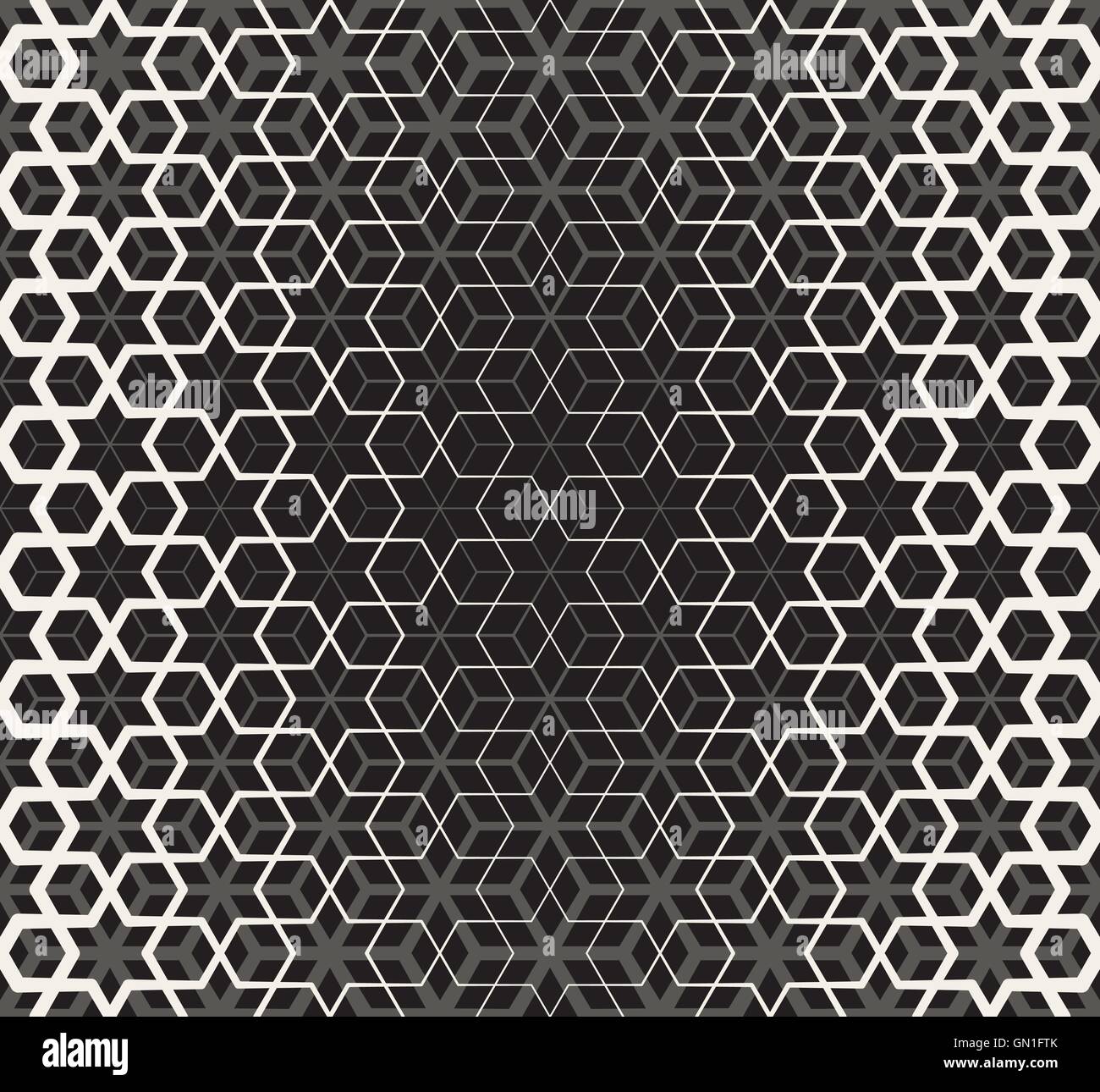 Vector Seamless in bianco e nero Star Cube griglia geometrica Halftone Pattern di linea Illustrazione Vettoriale