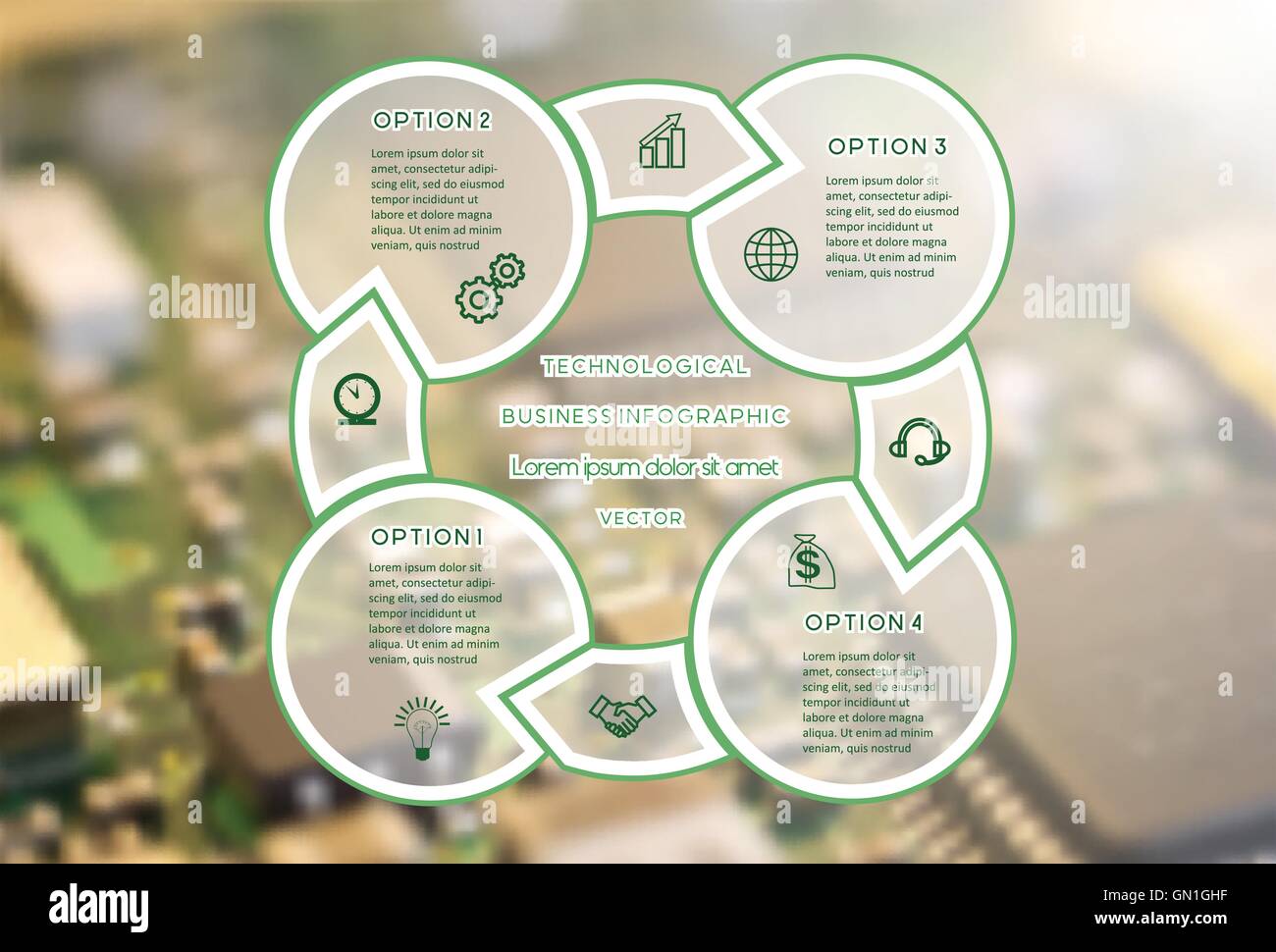 Azienda tecnologica infografico processo ciclico con aree di testo su quattro posizioni. Macro Illustrazione Vettoriale