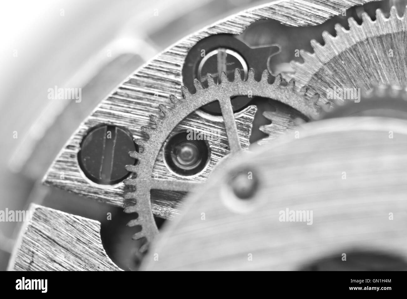 Macro, nero lo sfondo bianco con ruote dentate metalliche un meccanismo a orologeria. Foto concettuale per il vostro business di successo di progettazione Foto Stock