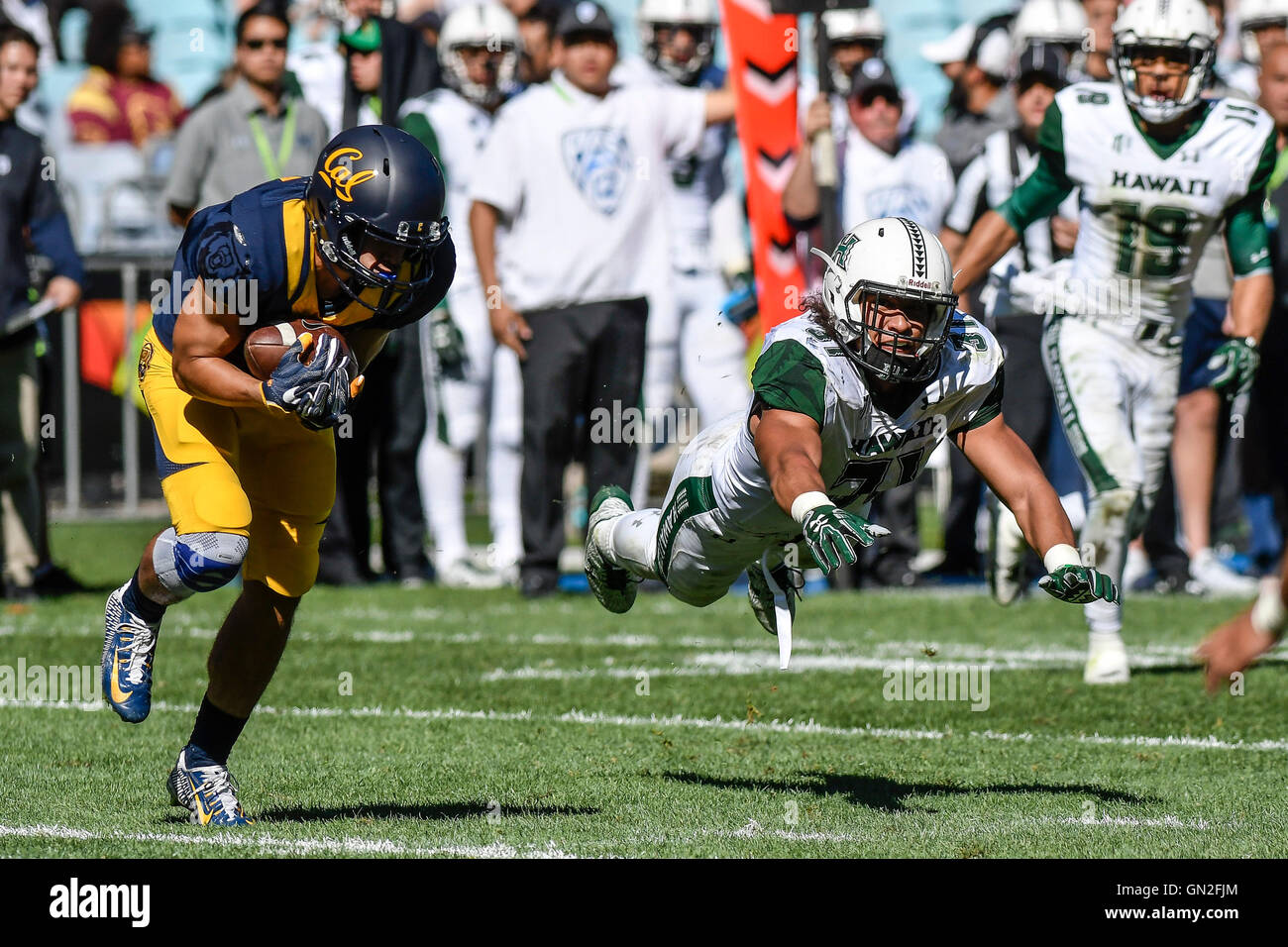 ANZ Stadium, Sydney, Australia. Il 27 agosto, 2016. Sydney Cup American College Football. Università delle Hawaii rispetto all Università di California. Università di California wide receiver Kanawai Noa catture il pass mentre Università delle Hawaii line backer Jahlani Tavai appena manca l'intercettazione. La California ha vinto 51-31. Credito: Azione Sport Plus/Alamy Live News Foto Stock