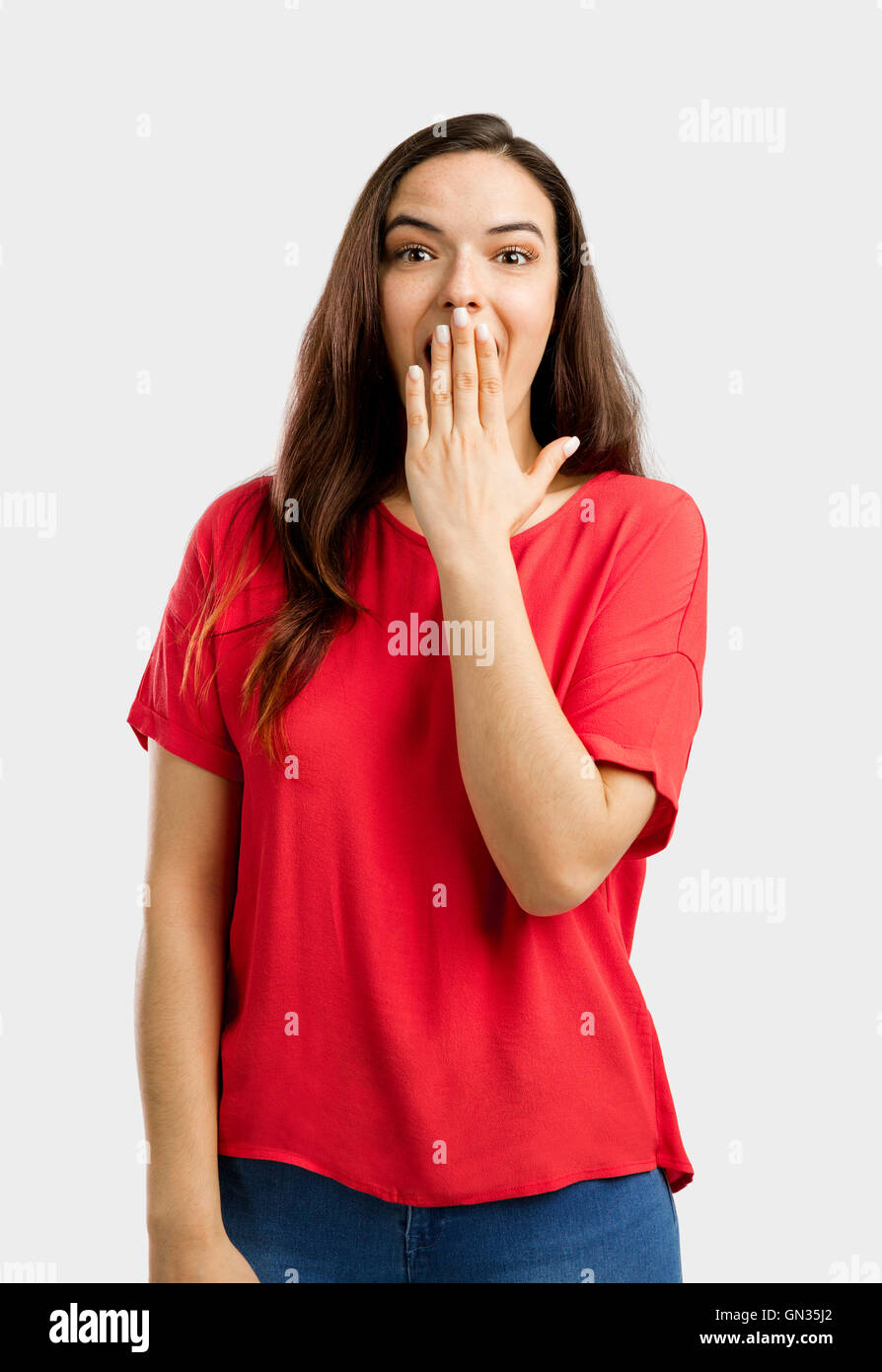 Ritratto di una bella donna con un espressione stupita Foto Stock