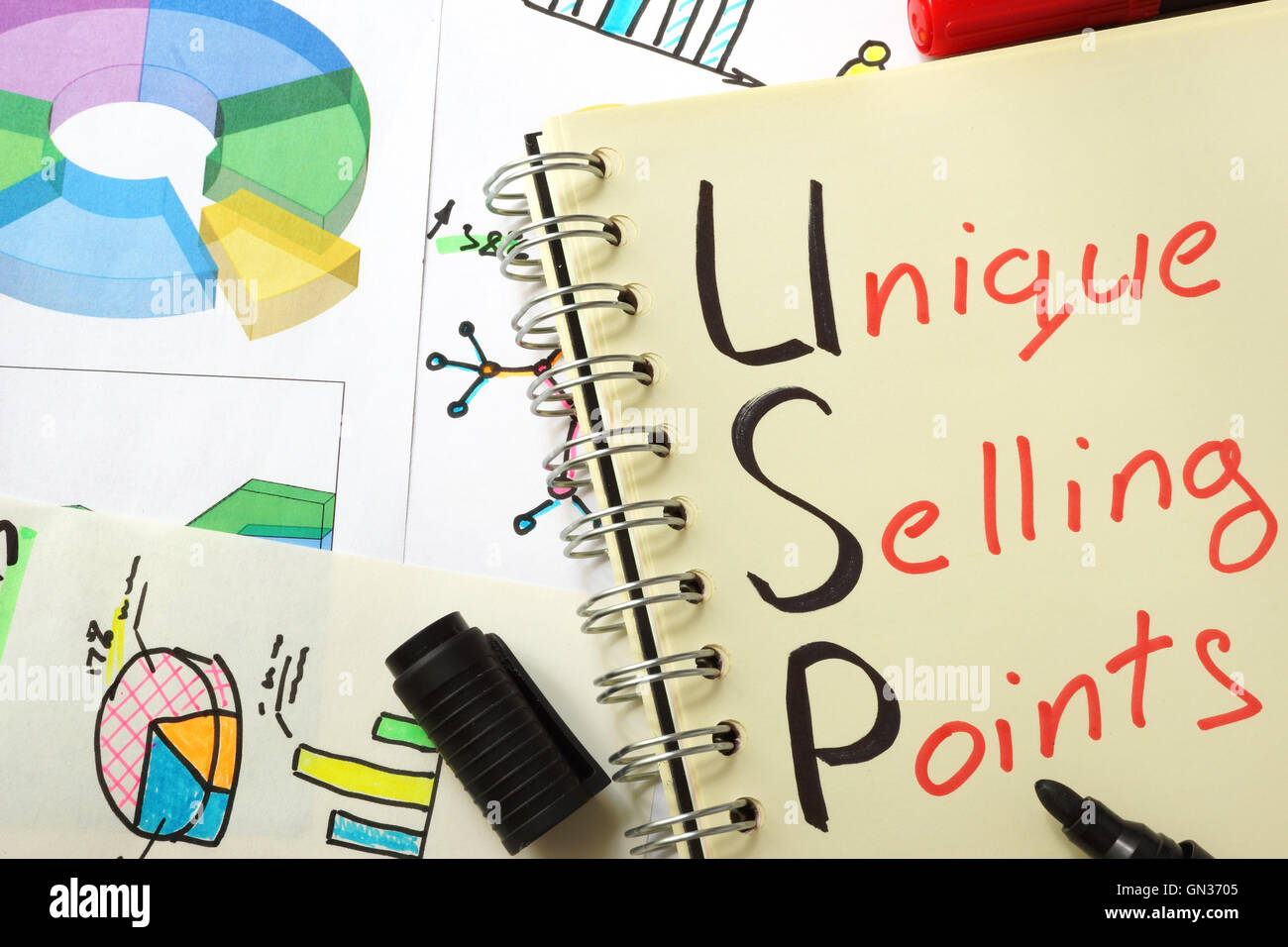 Notebook con segno USP come i punti di vendita esclusivi Foto Stock