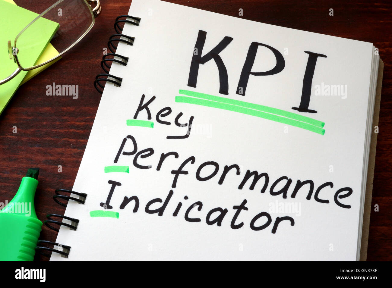 Gli indicatori di prestazioni chiave KPI scritto su un blocco note con il marcatore. Foto Stock