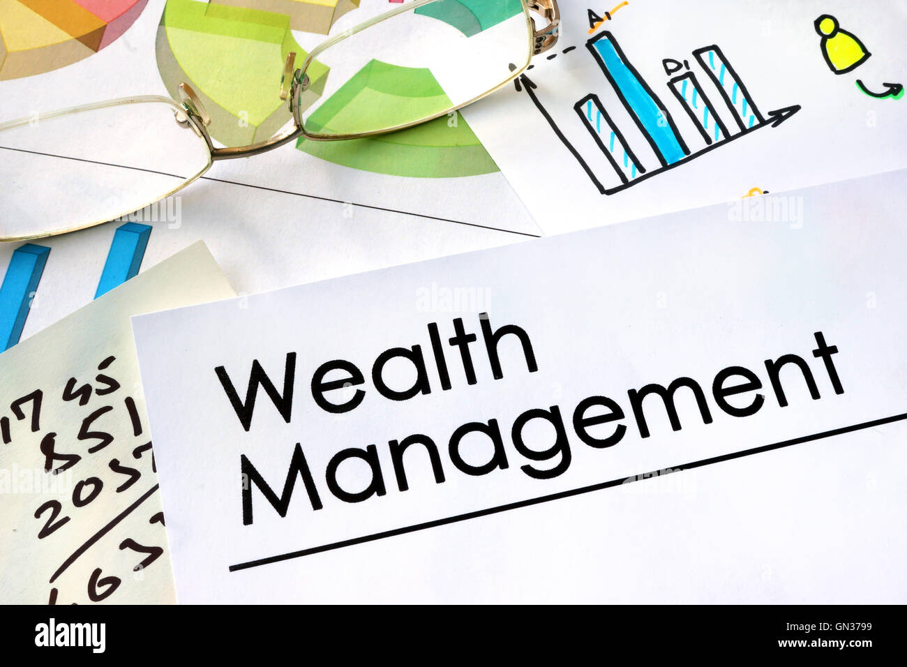 Carta con parole Wealth Management e grafici. Foto Stock