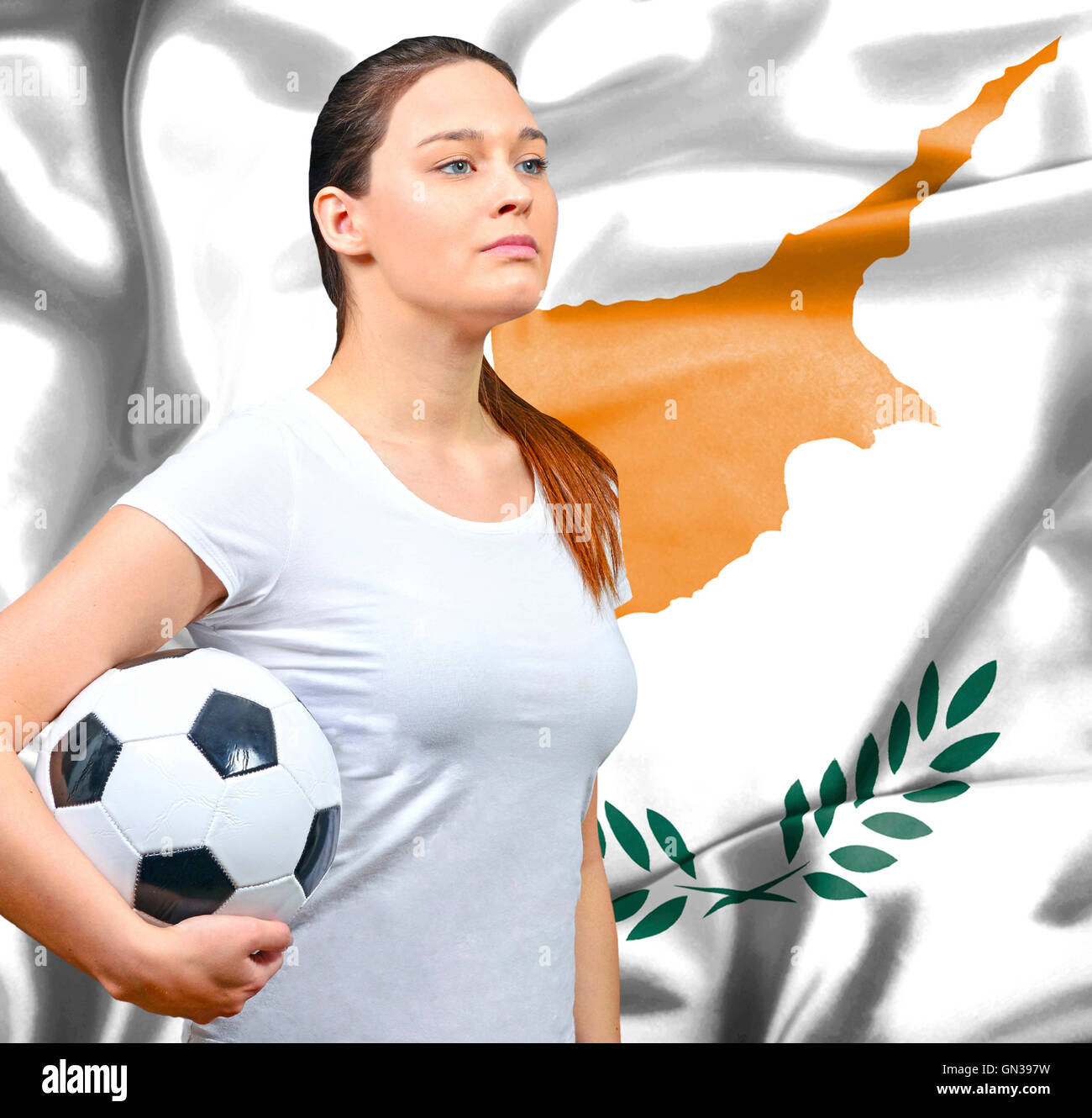 Orgogliosa donna tifoso di Cipro Foto Stock