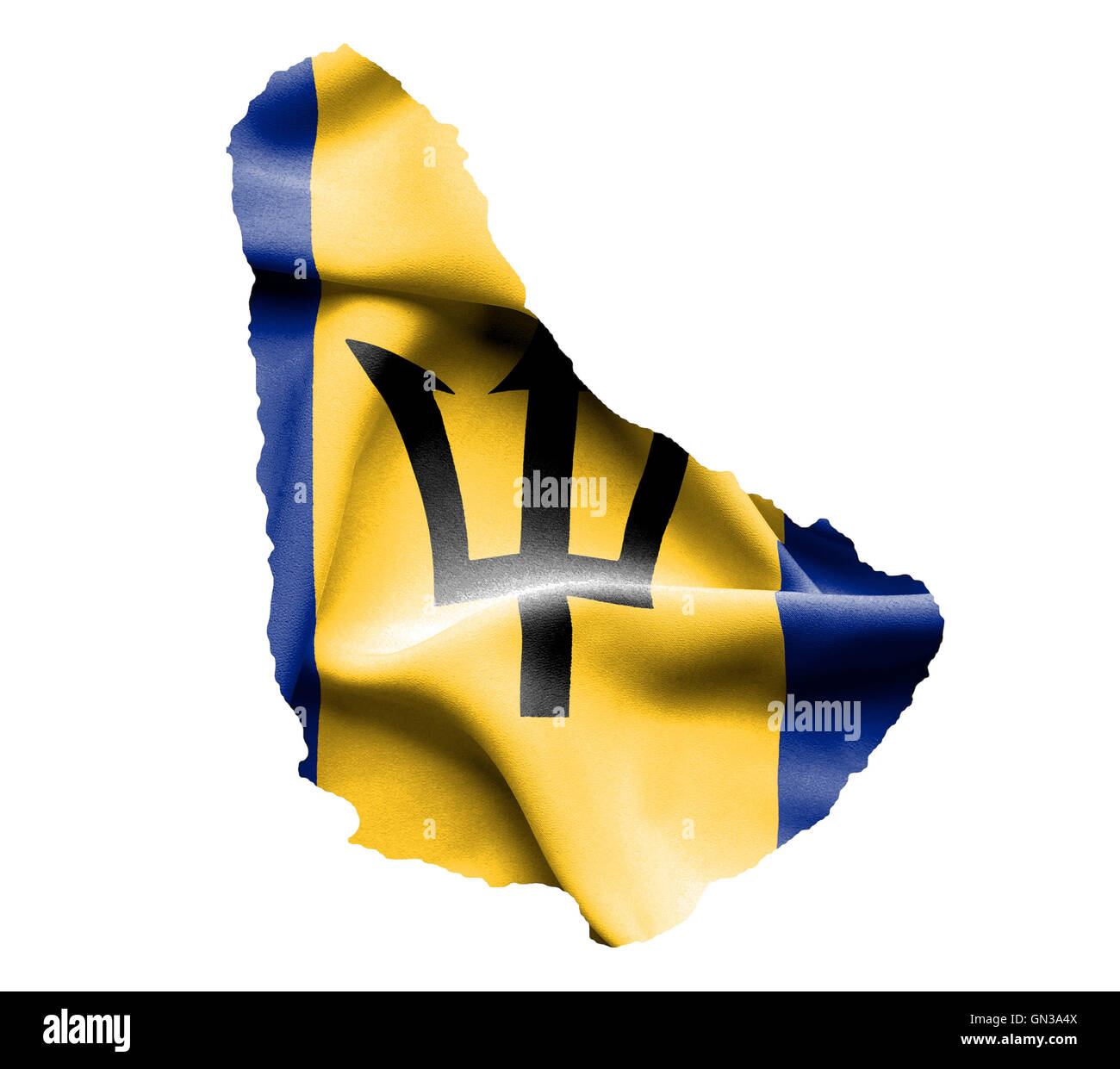 Mappa di Barbados con sventola bandiera isolato su bianco Foto Stock