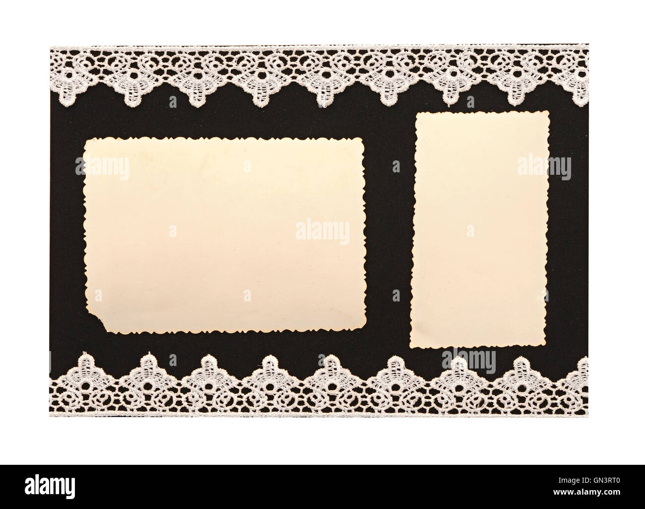Sfondo rétro o biglietto di auguri con foto vecchia e lacy confine Foto Stock