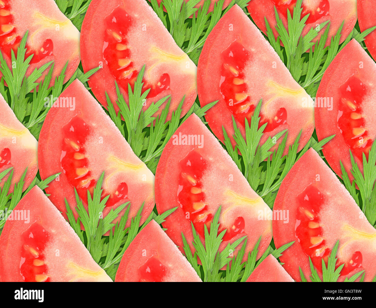 Sfondo di pomodori rossi e foglia verde Foto Stock