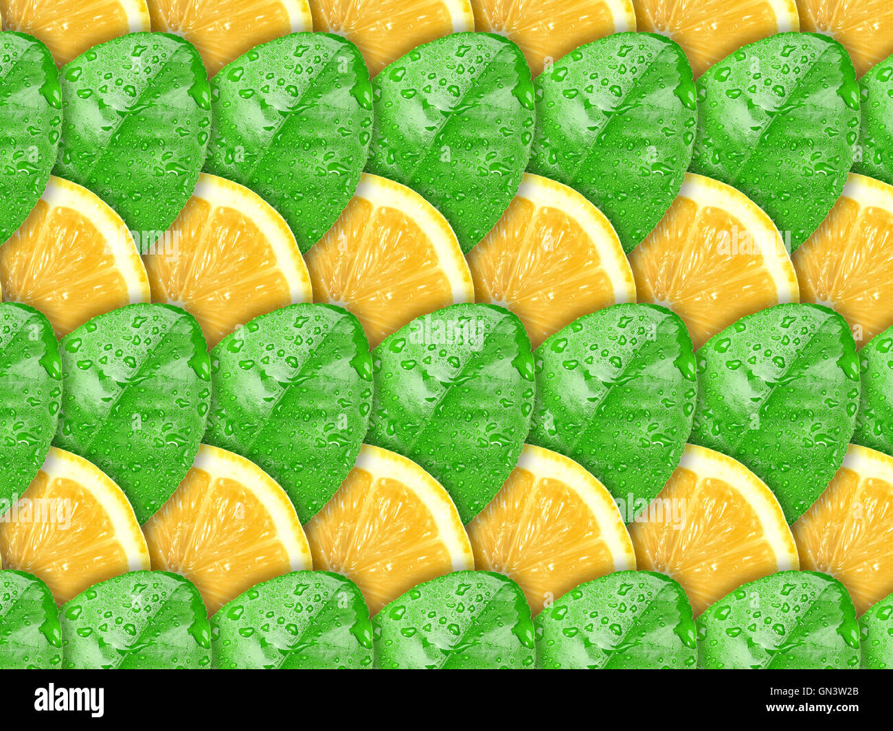 Sfondo con le fette di limone e foglie verde Foto Stock