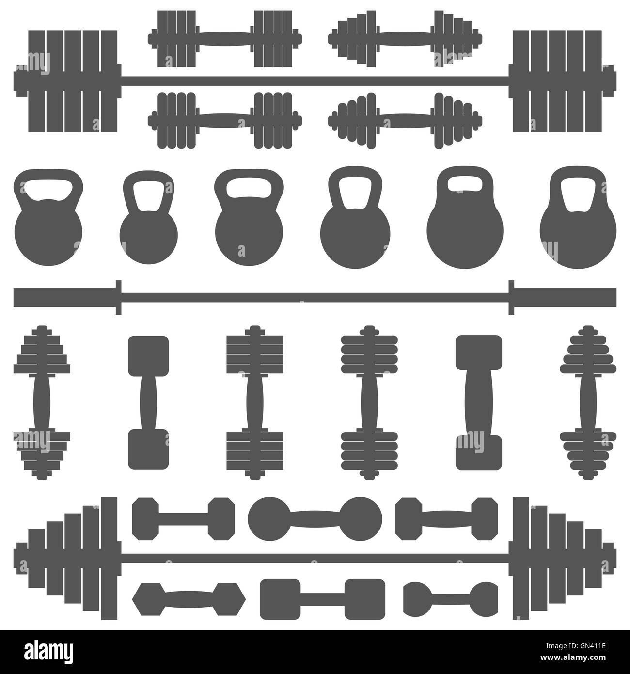 Un insieme di attrezzature per la palestra, illustrazione vettoriale. Illustrazione Vettoriale
