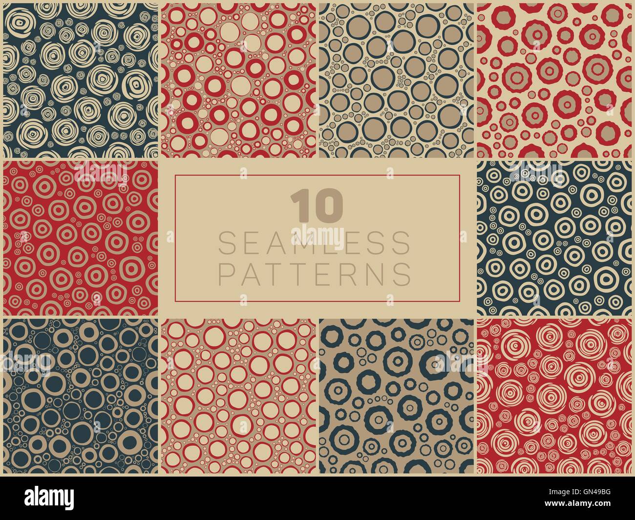 Set di dieci Seamless disegnati a mano ruvida la linea Circle forme rotonde accozzaglia Patterns Illustrazione Vettoriale