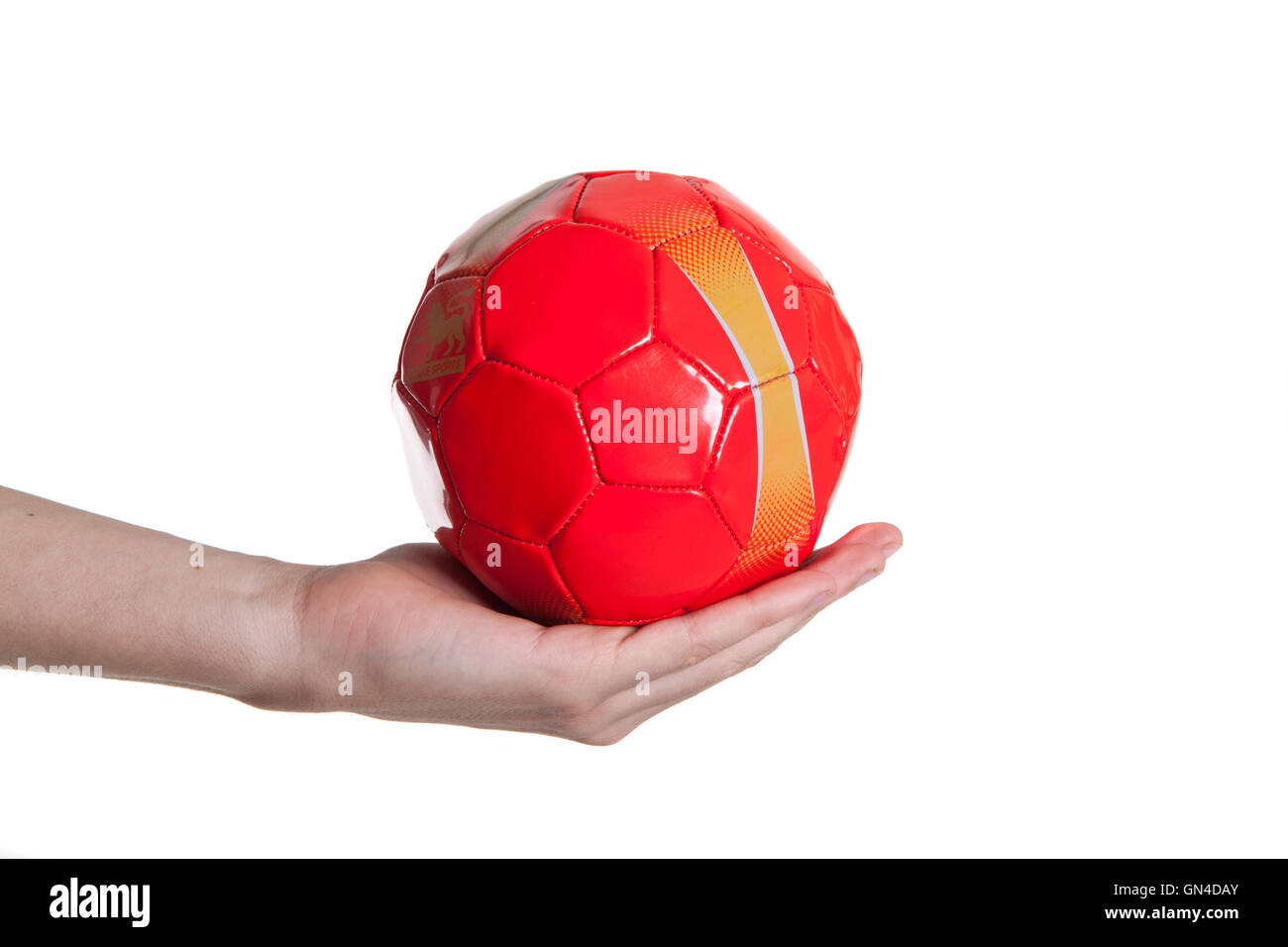 Uomo con red piccola sfera di calcio Foto Stock