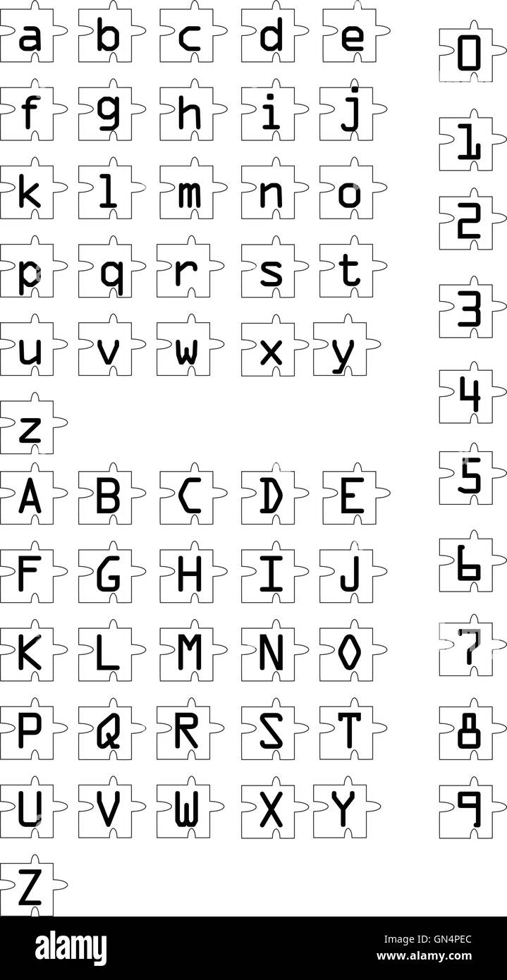 Alfabeto illustrato su chiari puzzle ad incastro i pezzi del puzzle. Illustrazione Vettoriale