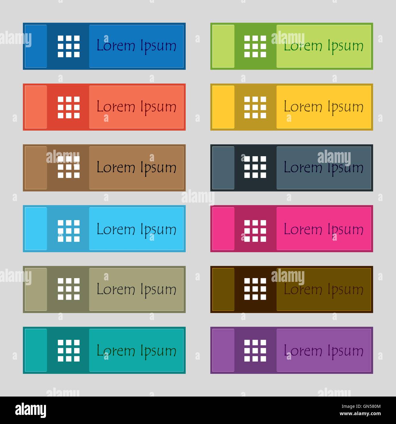 Menu Elenco, icona app segno. Set di dodici rettangolare, colorata, bella e di alta qualità per i pulsanti del sito. Vettore Illustrazione Vettoriale