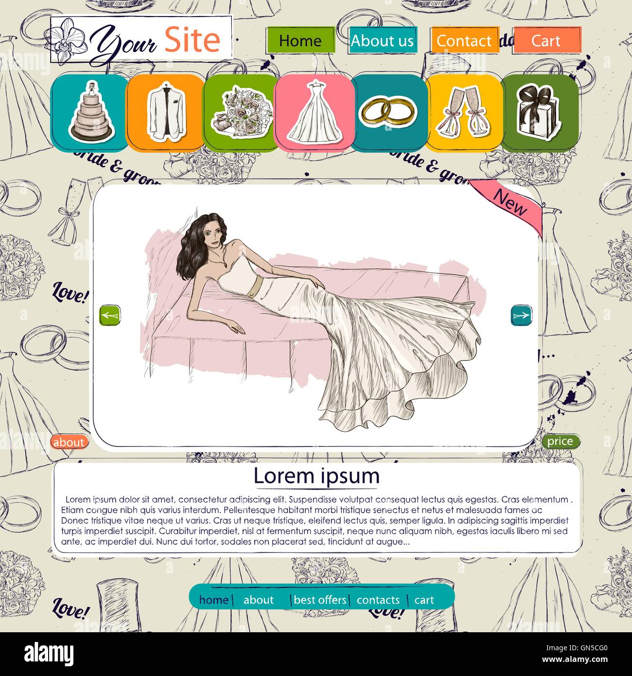 Modello di sito web con elementi di nozze Illustrazione Vettoriale