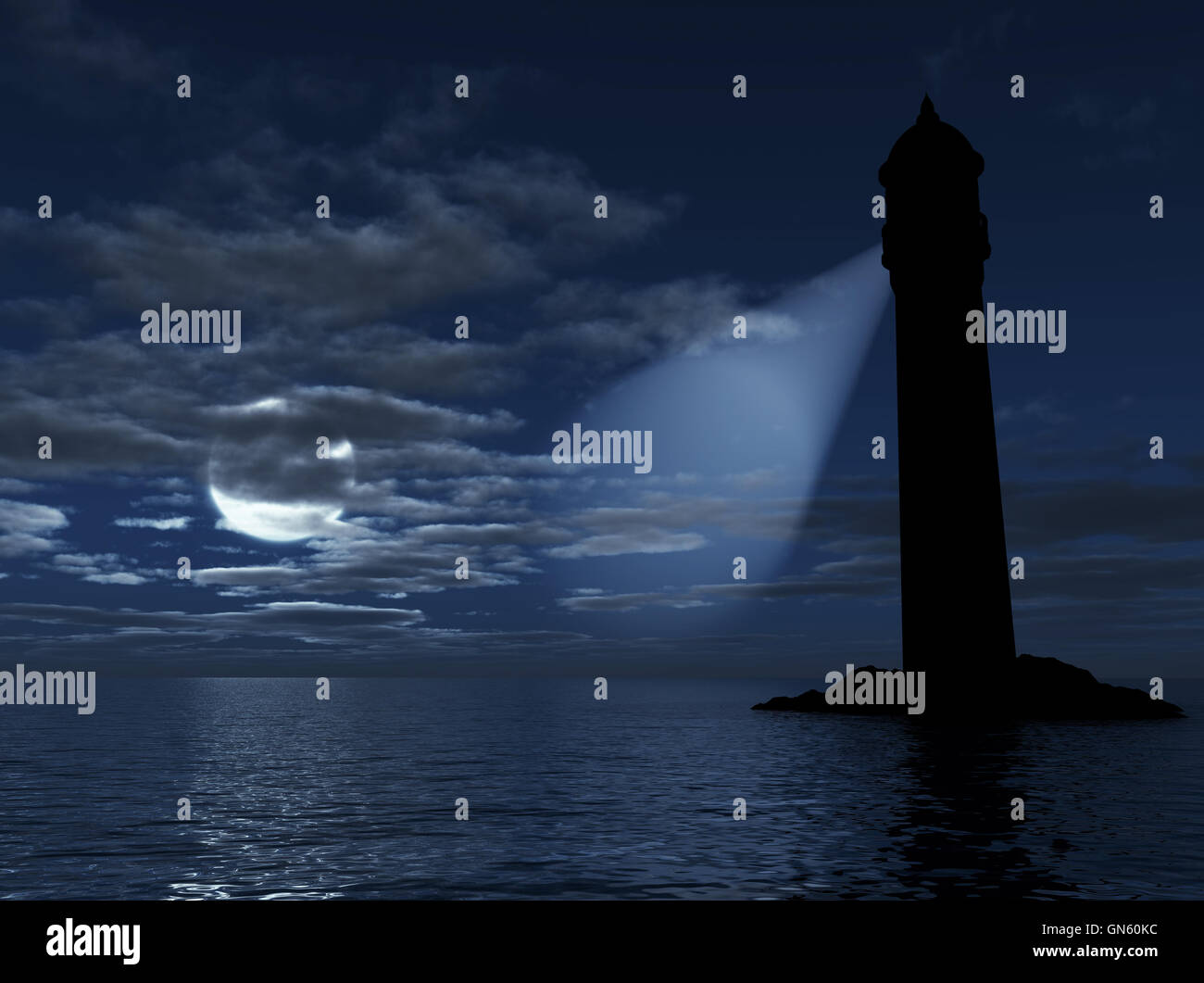 Faro su un'isola di illuminazione nella distanza scuro Foto Stock