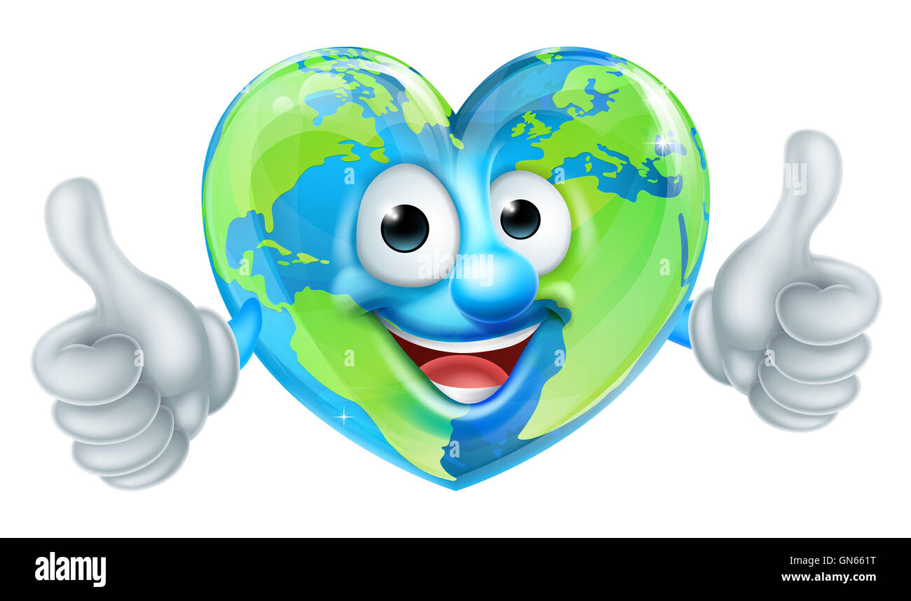 Un simpatico cartoon felice a forma di cuore mondo terra carattere mascotte dando un pollice in alto Foto Stock