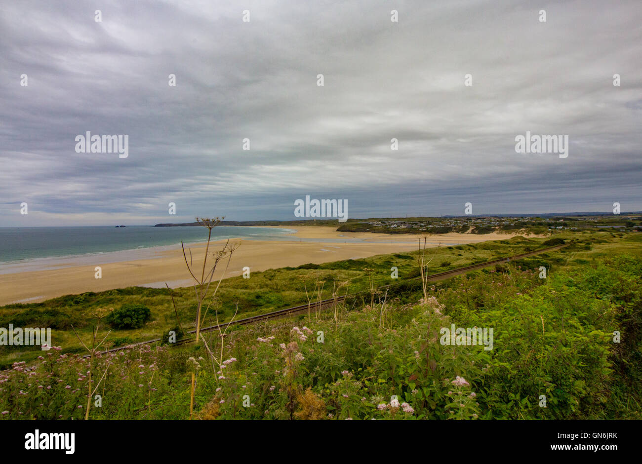 Rene: Porth Beach, Lelant raffigurato da Sud ovest via costiera in Cornovaglia. Moody nuvole raccogliere oltre i fiori selvatici. Foto Stock