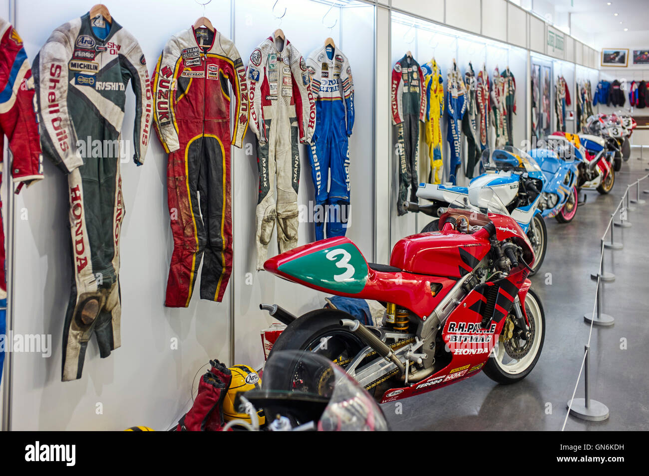 Joey Dunlop mostra al museo dell'Isola di Man che mostra le sue pelli e le sue biciclette Foto Stock