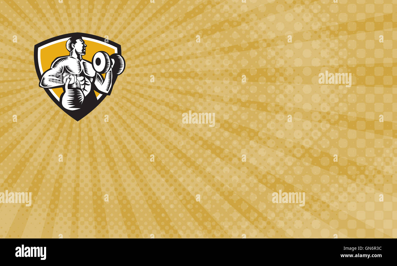 Business card mostra illustrazione di un atleta weightlifter kettlebell di sollevamento con una mano e manubri di pompaggio sull'altro lato affacciato lato impostato all'interno della protezione cresta su sfondo isolato fatto rétro xilografia stile. Foto Stock