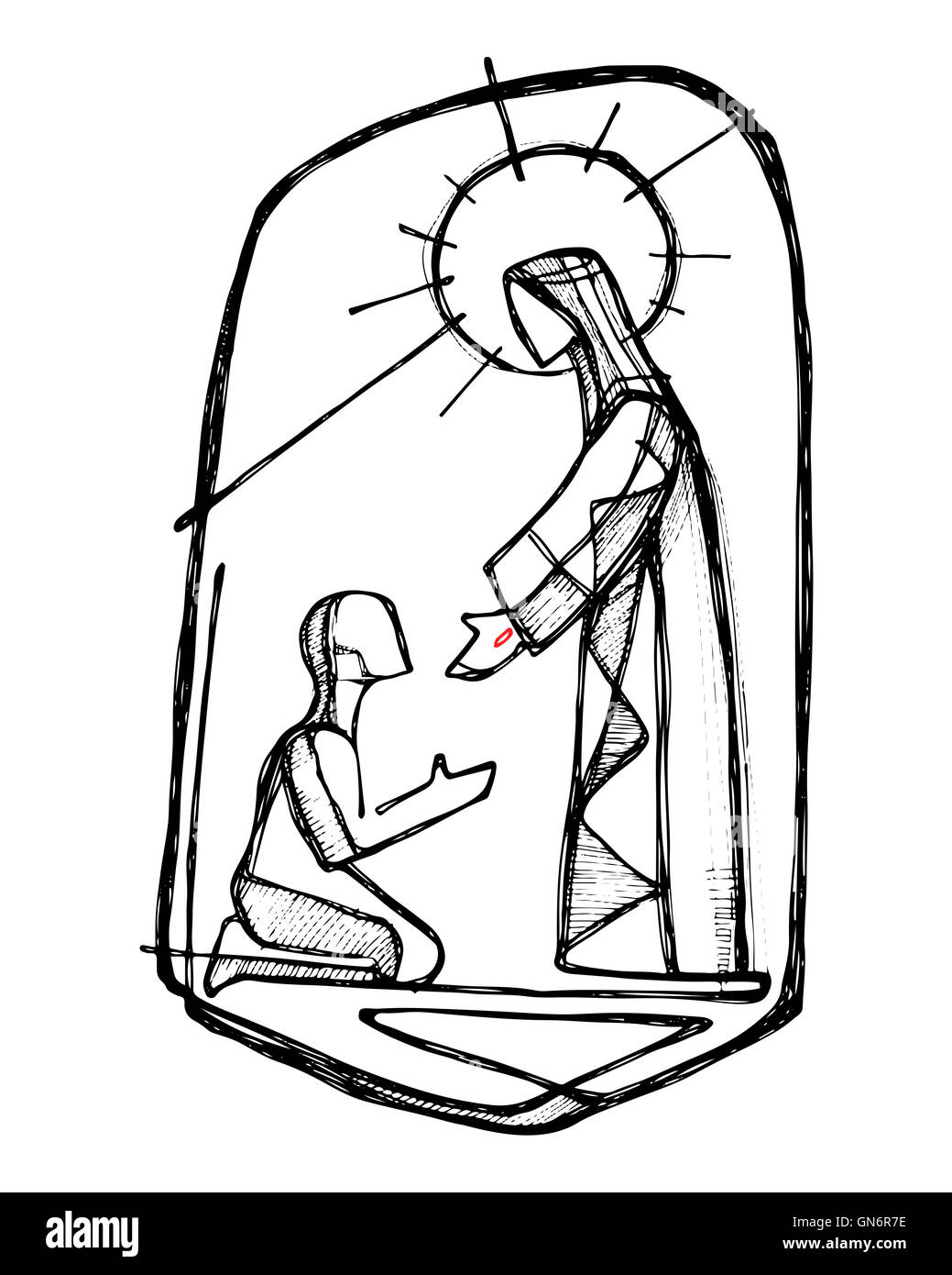 Disegnata a mano immagine o disegno di Gesù Cristo la guarigione di un uomo in uno stile minimalista Foto Stock