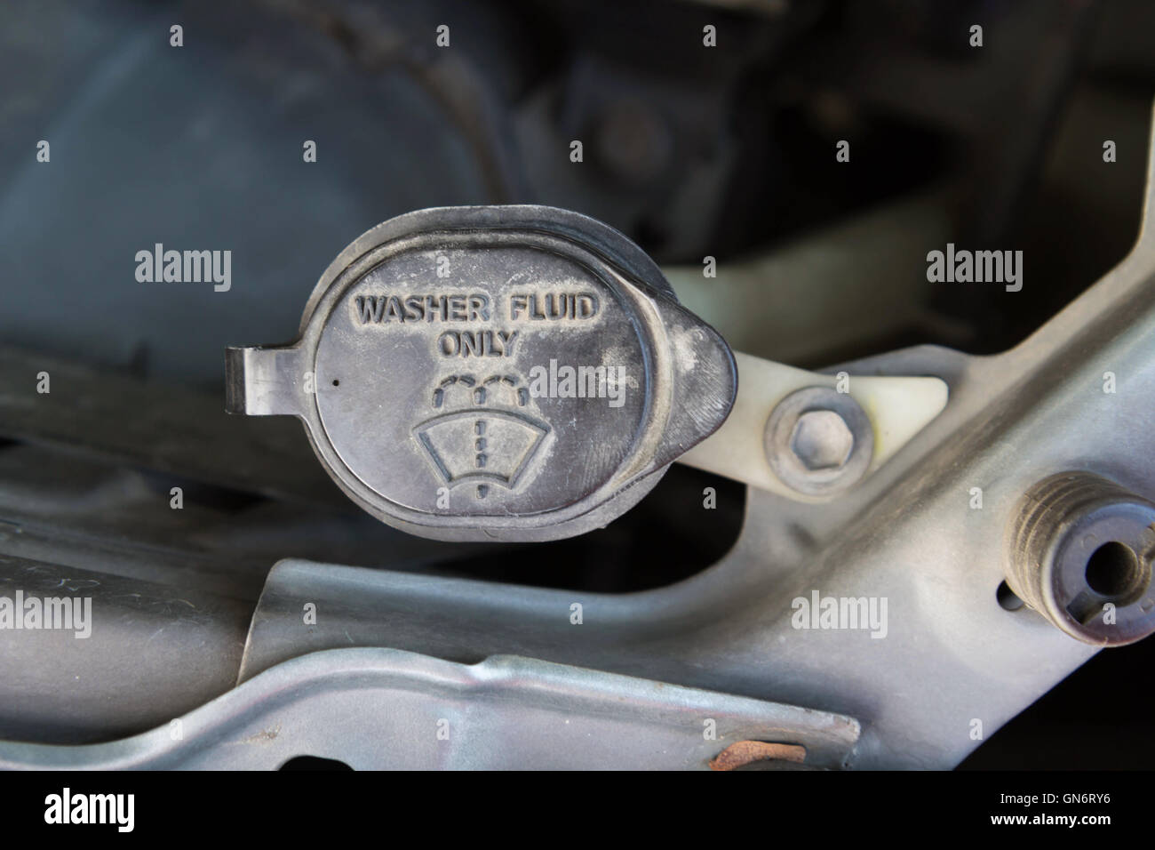 La rondella del serbatoio del fluido della vecchia auto Foto Stock