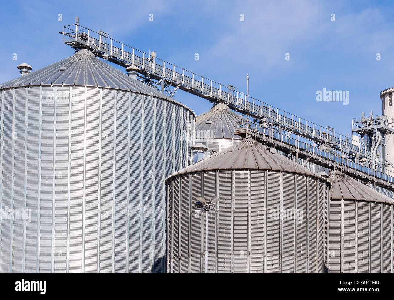 Impianto di stoccaggio cereali e produzione di bio-gas; silos e torri di essiccazione Foto Stock