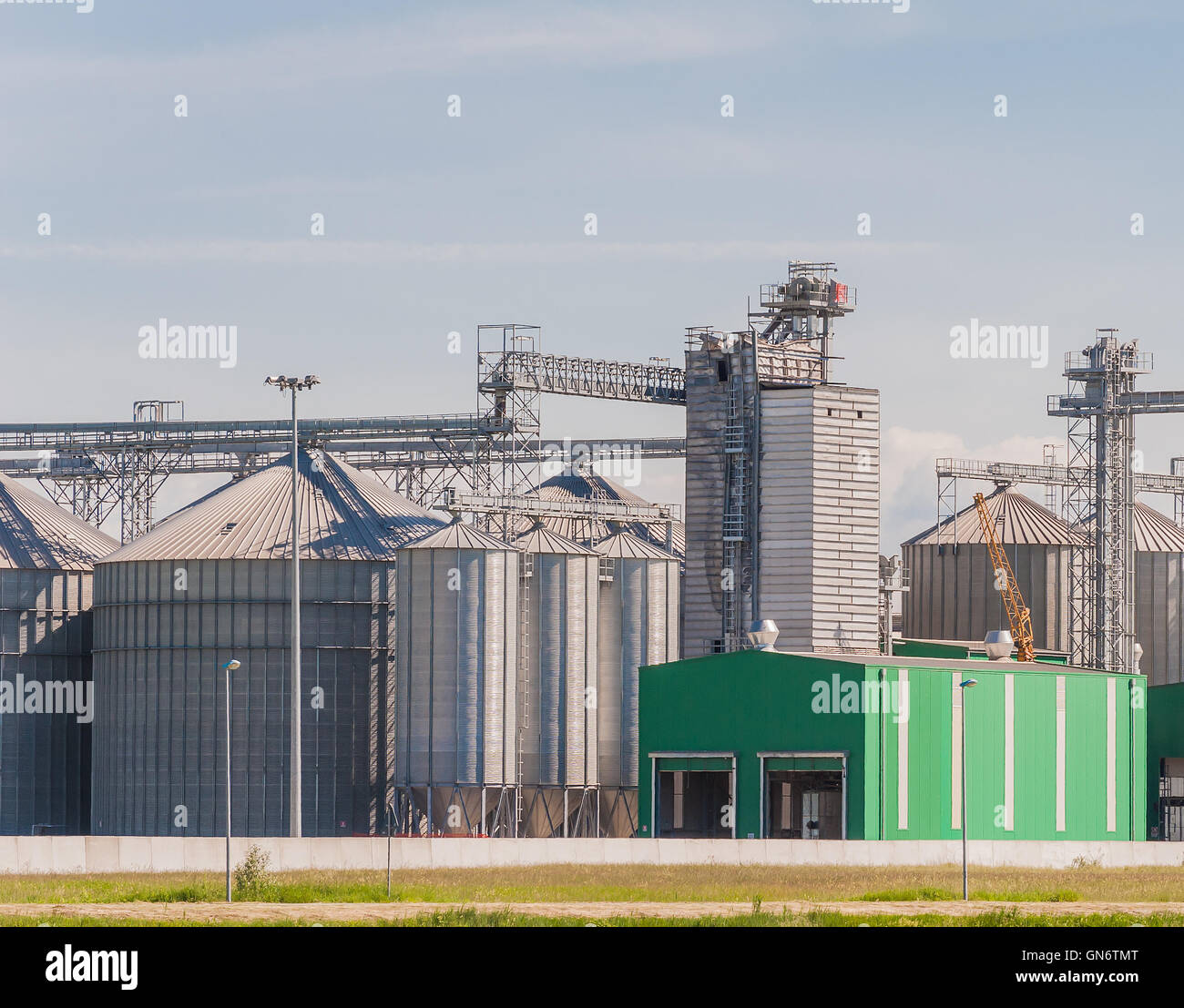 Impianto di stoccaggio cereali e produzione di biogas; silos e torri di essiccazione Foto Stock