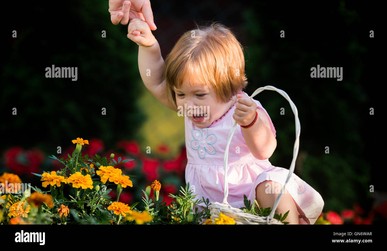 Baby girl picking fiori da giardino Foto Stock