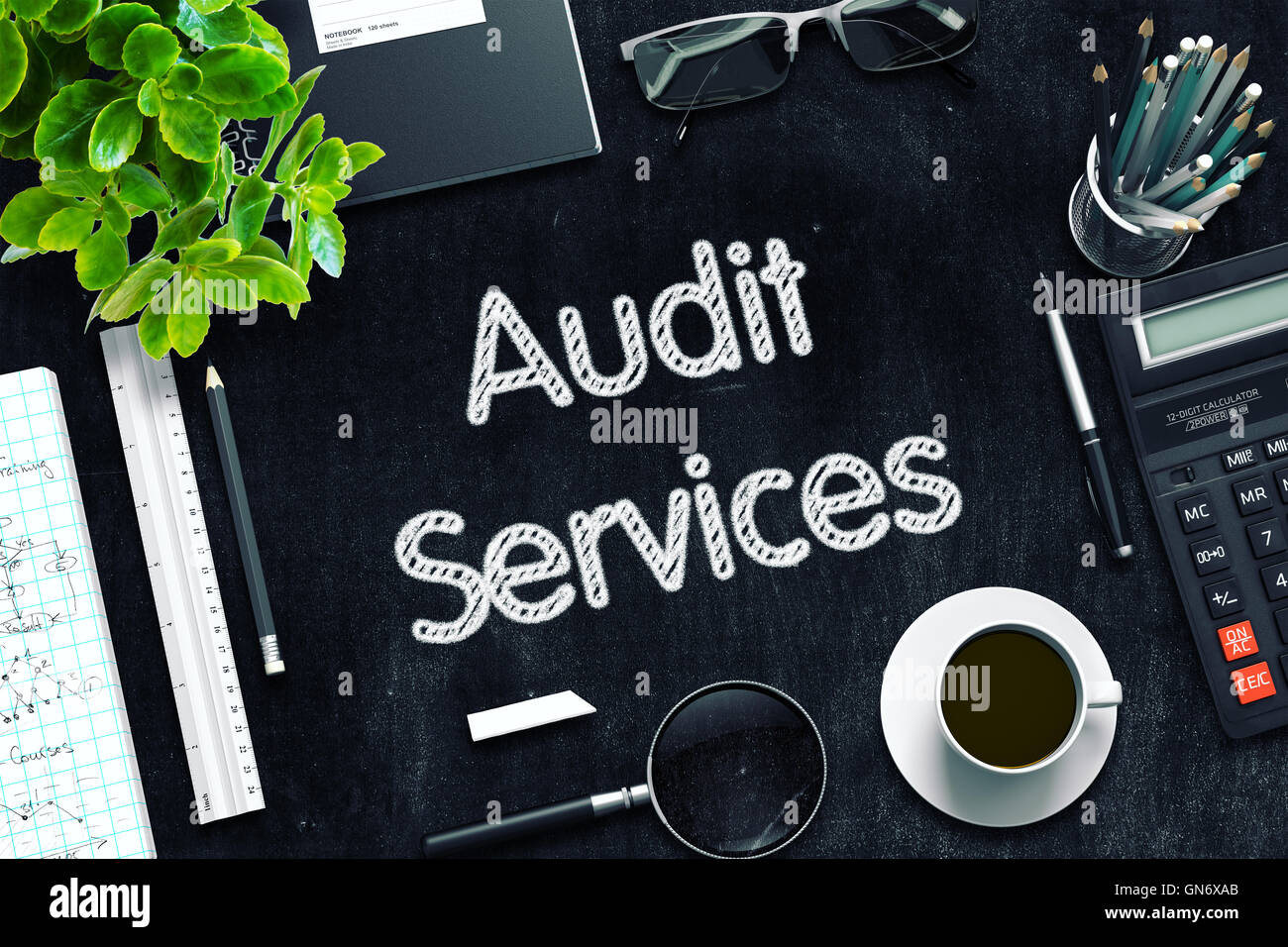 Lavagna nera con i servizi di audit concetto. Il rendering 3D. Foto Stock