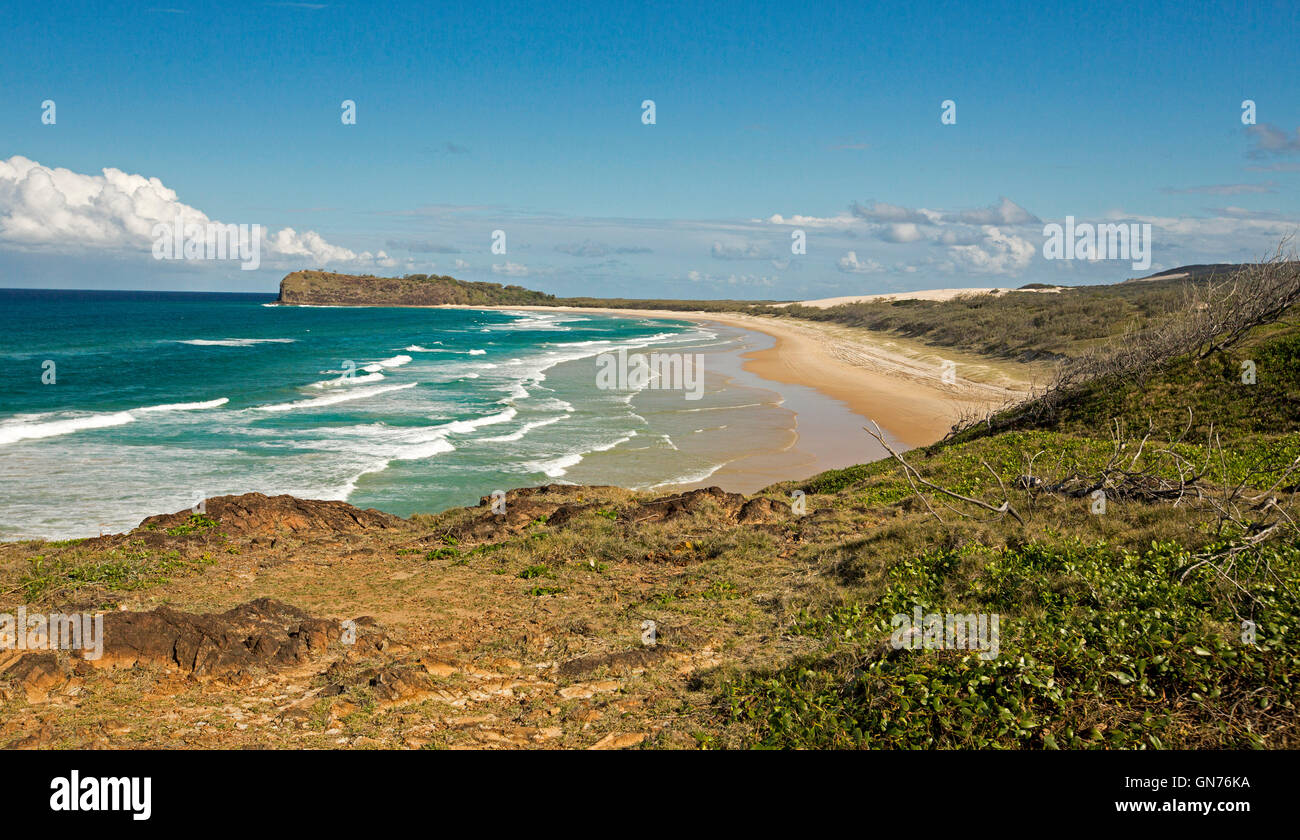 Splendida vista della vasta spiaggia di sabbia, acque turchesi dell'Oceano Pacifico, Dune boscose & Indian Head in distanza su Fraser Island in Australia Foto Stock