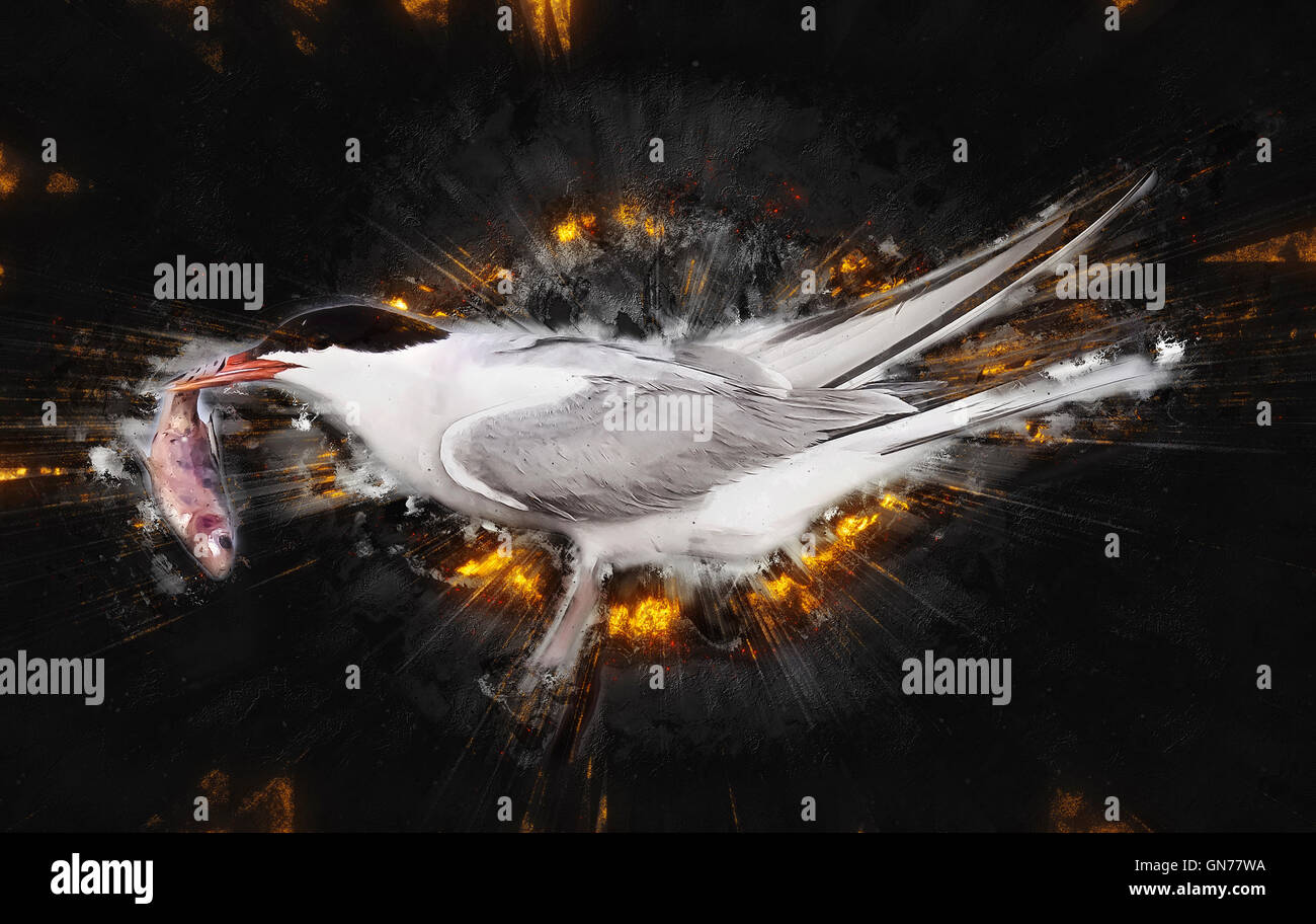 Tern comune (Sterna hirundo) adulto sulla spiaggia con un pesce nel suo conto. Questo uccello si trova nel sub-regioni artiche dell Euro Foto Stock