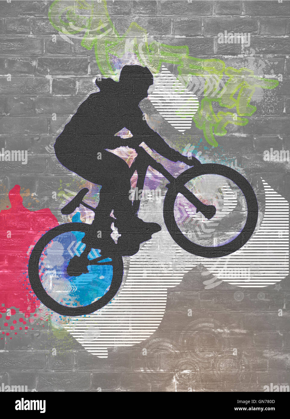 Parete immagine graffiti di una bicicletta stunt Foto Stock