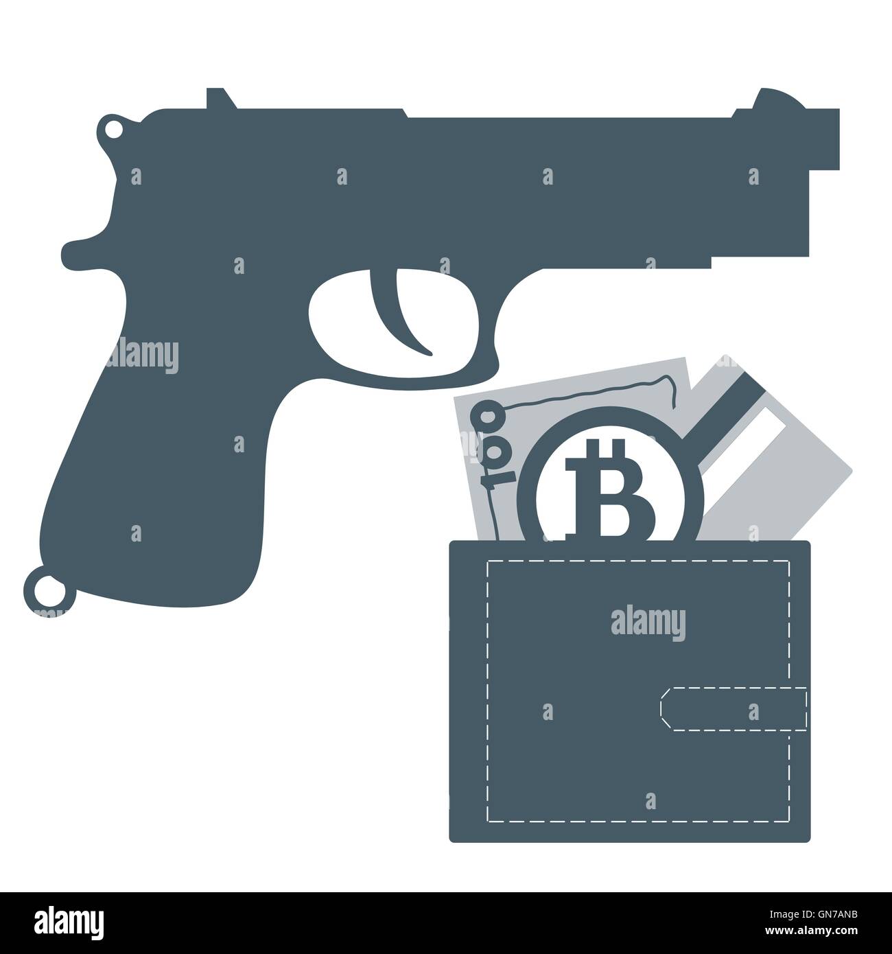 Icona stilizzata di una pistola colorata e portamonete con denaro bill, carta di credito bitcoin su un bianco Illustrazione Vettoriale