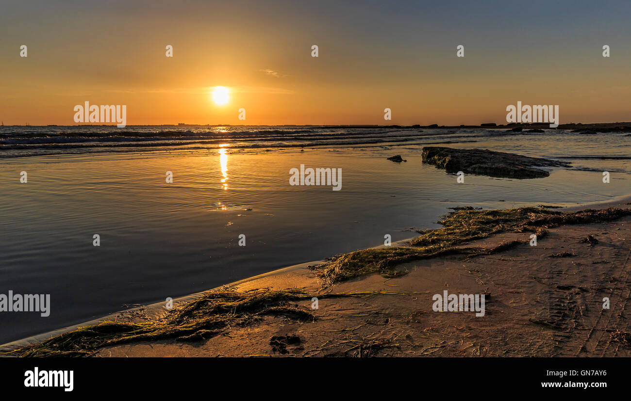 Spiaggia sulla costa del Mar Caspio vicino a Baku alla sunrise.Azerbaigian Foto Stock