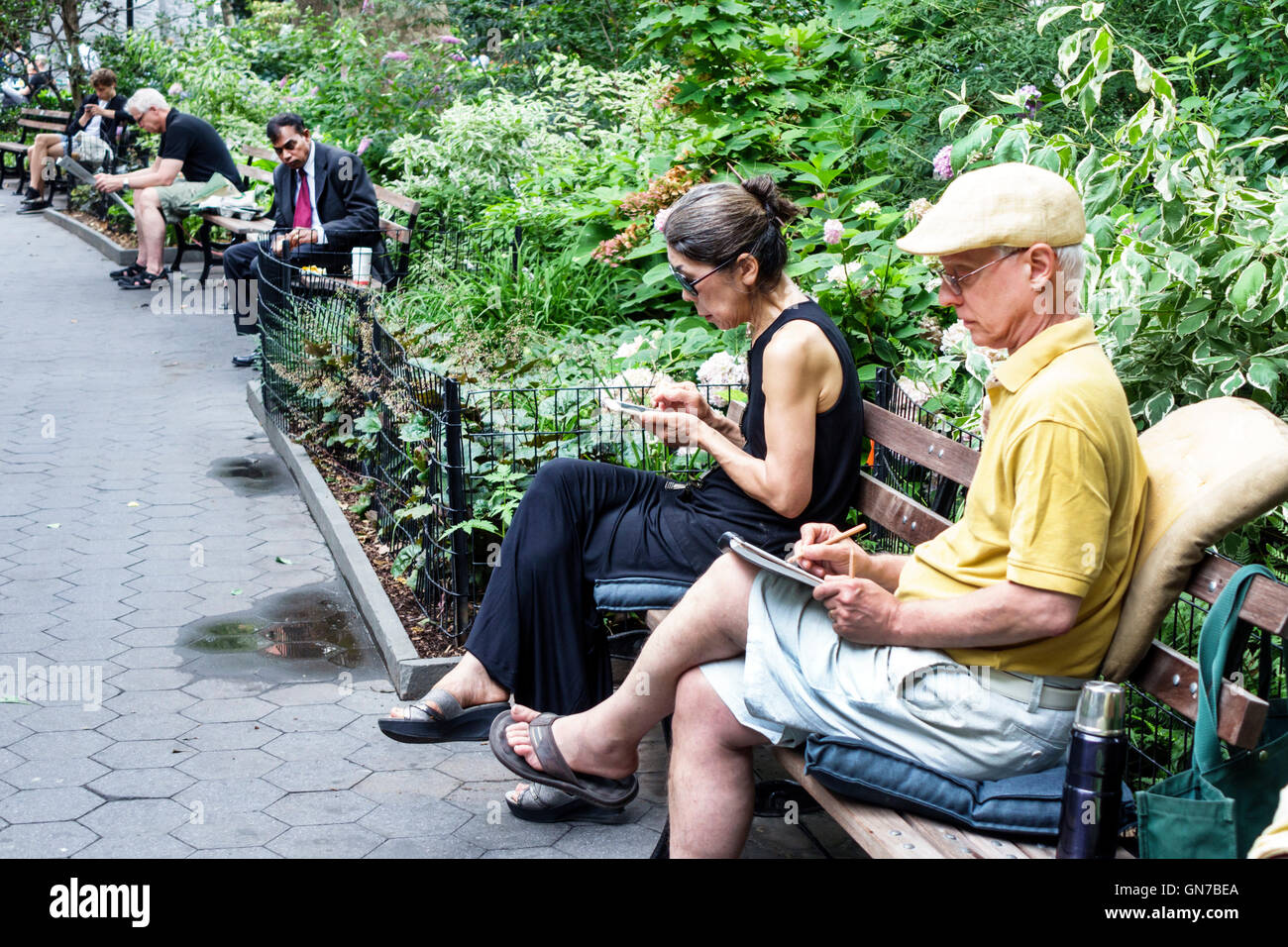 New York City,NY NYC,Manhattan,Madison Square Park,giardino,spazio all'aperto,panca,minoranza immigranti etnici asiatici,adulti,donna wom Foto Stock