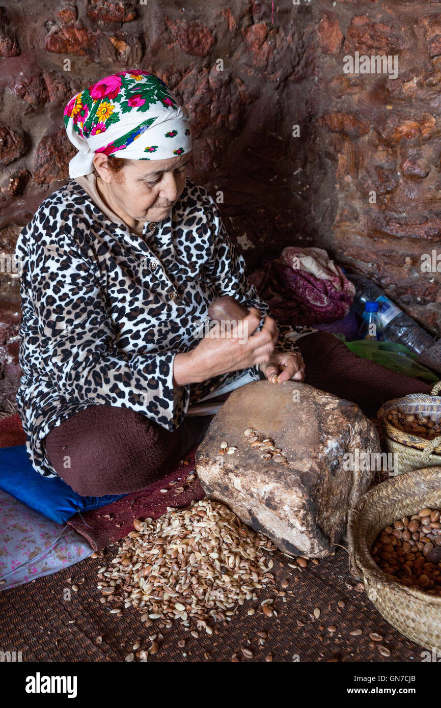 Il Marocco. La donna araba di cracking dadi di Argan per la produzione di olio di Argan. Foto Stock