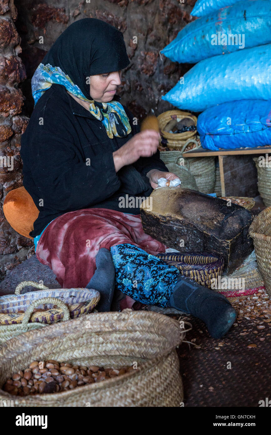 Il Marocco. La donna araba di cracking dadi di Argan per la produzione di olio di Argan. Foto Stock