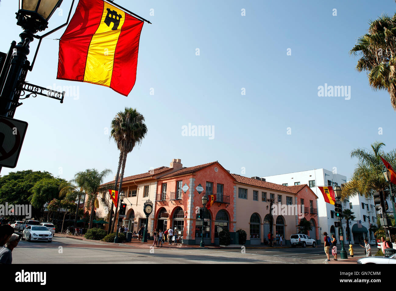 State Street durante i giorni di spagnolo, Città Vecchia, Santa Barbara, California, Stati Uniti d'America Foto Stock