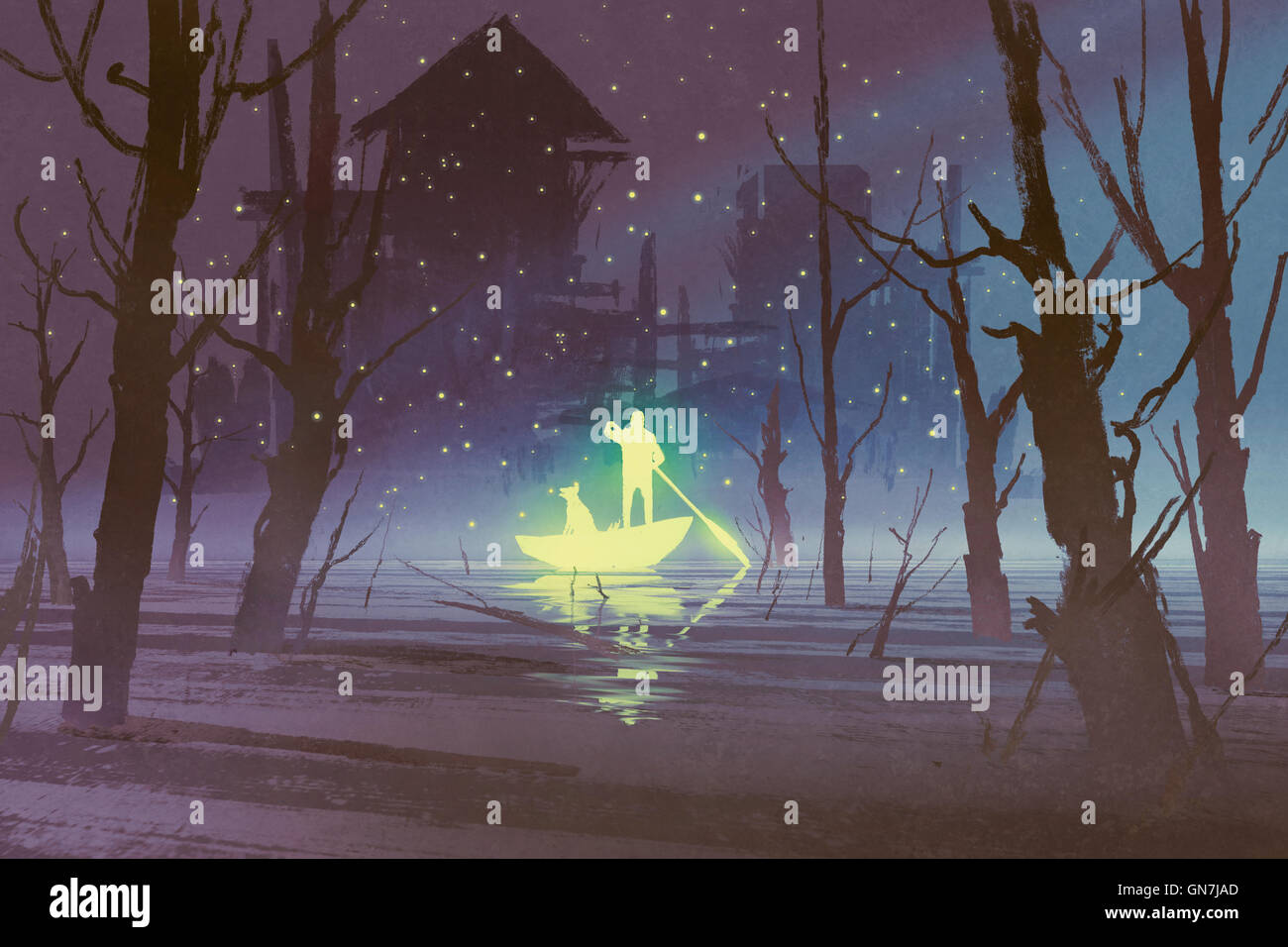 Incandescente uomo e cane barca a remi nel fiume di notte,illustrazione pittura Foto Stock