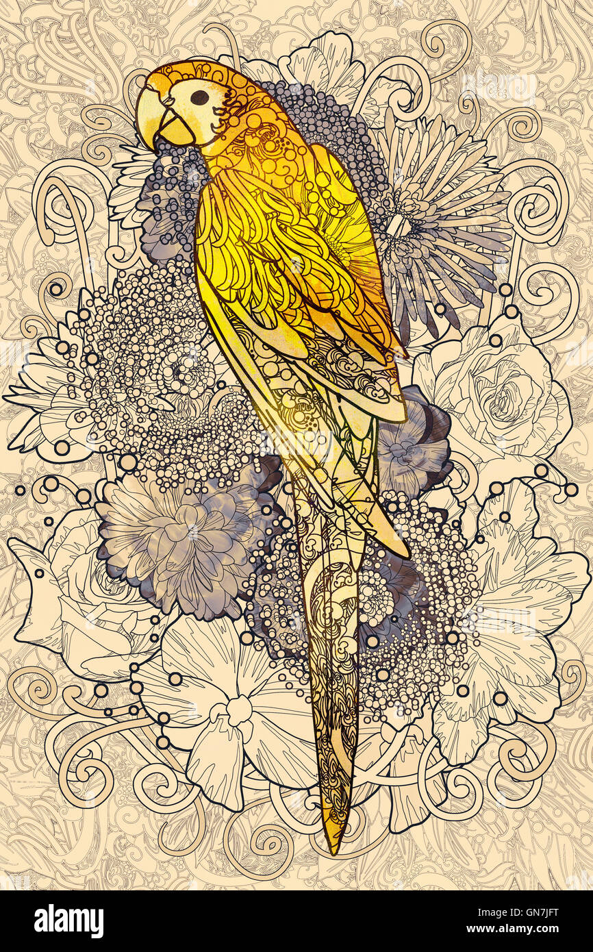 Linea di pappagallo arte con colorato in giallo su floreali elemento di design, illustrazione Foto Stock