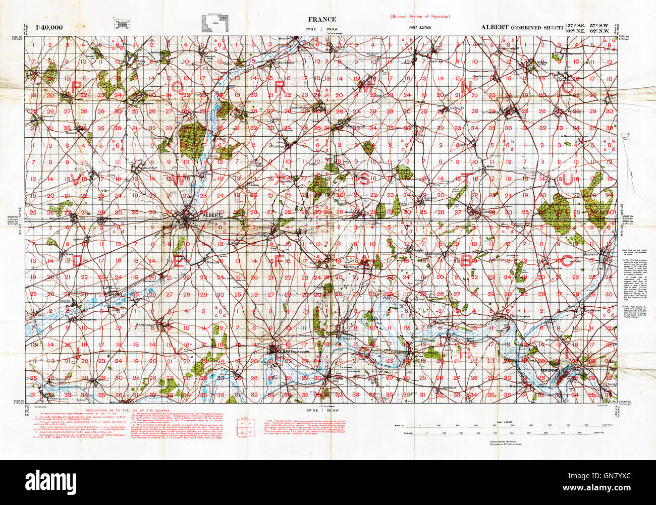 Somme mappa del campo di battaglia, 1916 1:40.000 mappa militare del settore britannico intorno all'Albert, con piazze 57D SE, 57c SW, 62d NE, 62C NW Foto Stock