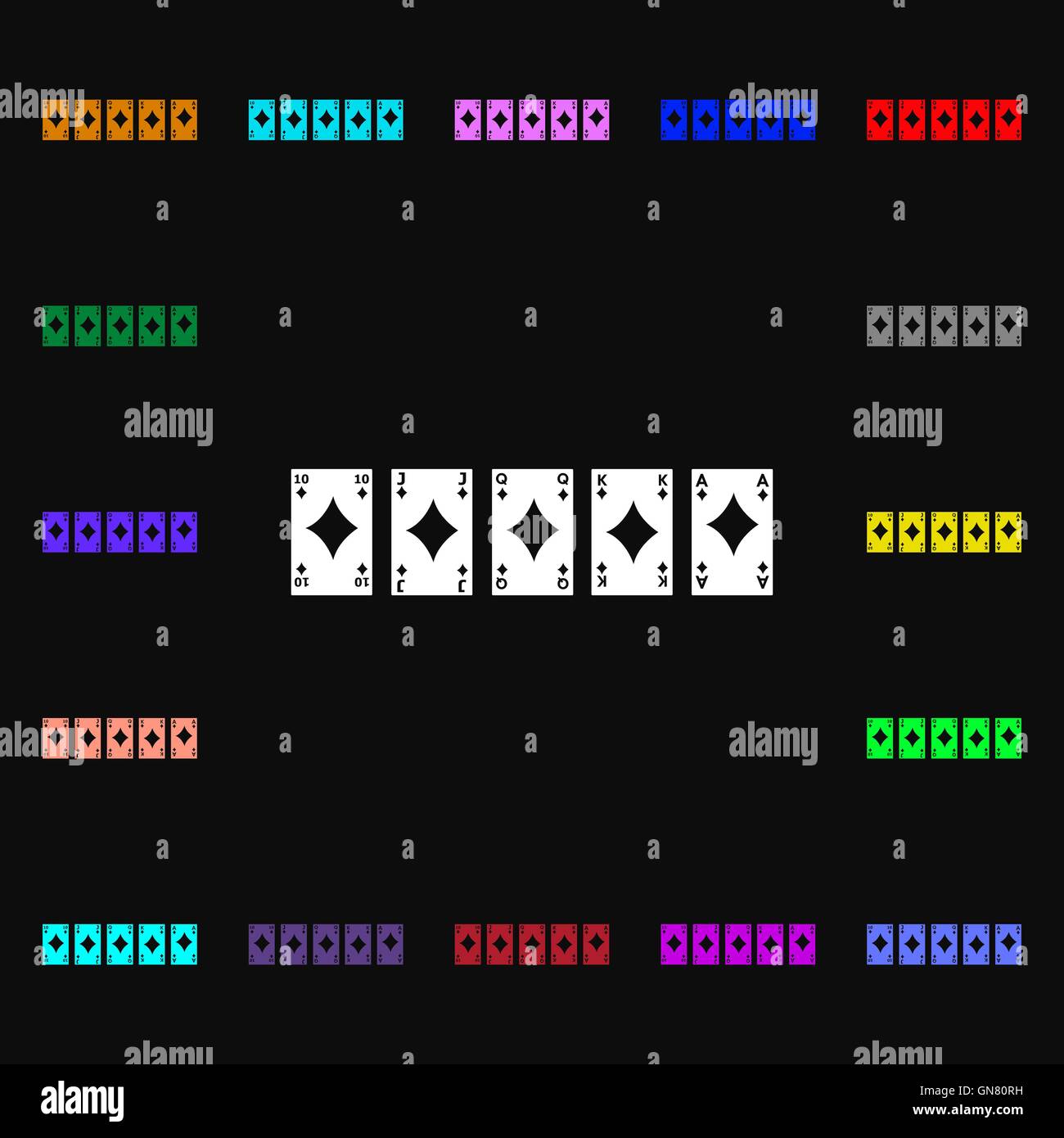 Un royal straight flush carte da gioco poker nei cuori icona segno. Tanti i simboli colorati per il vostro design. Vettore Illustrazione Vettoriale