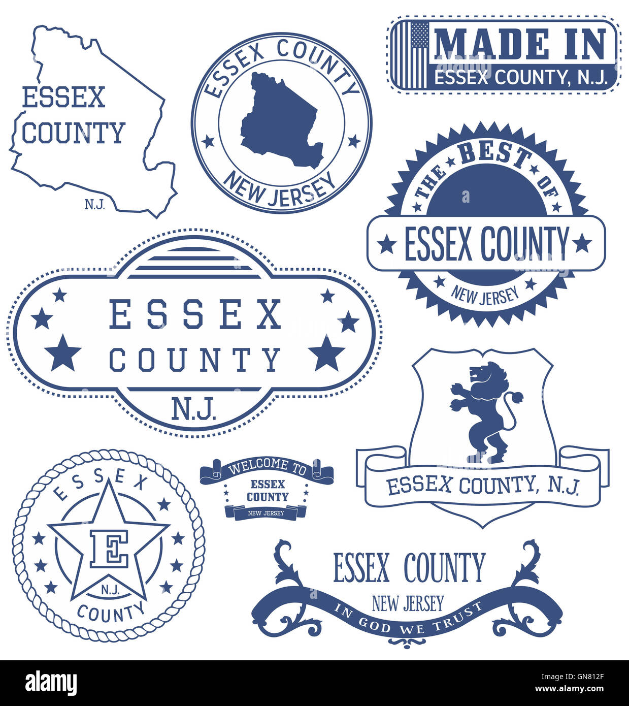 Contea di Essex, New Jersey. Serie di francobolli generico e segni. Foto Stock