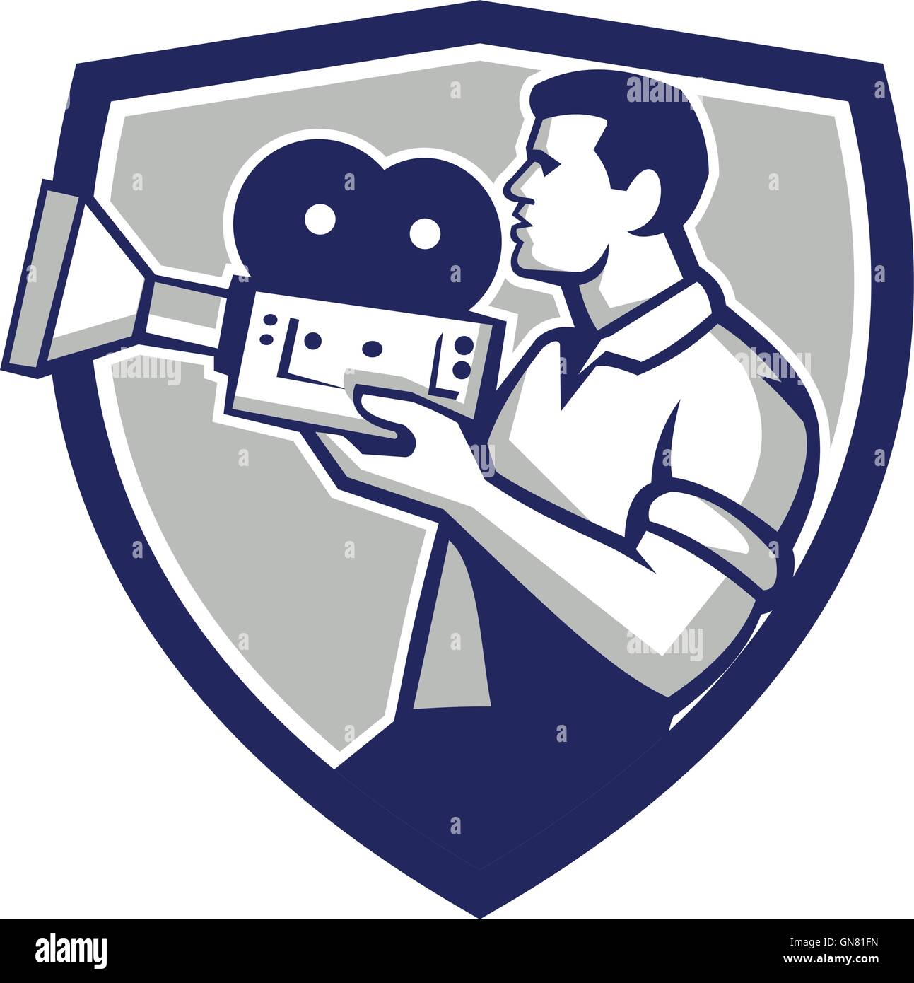 Cameraman cullano Vintage Movie Camera retrò di cresta Illustrazione Vettoriale