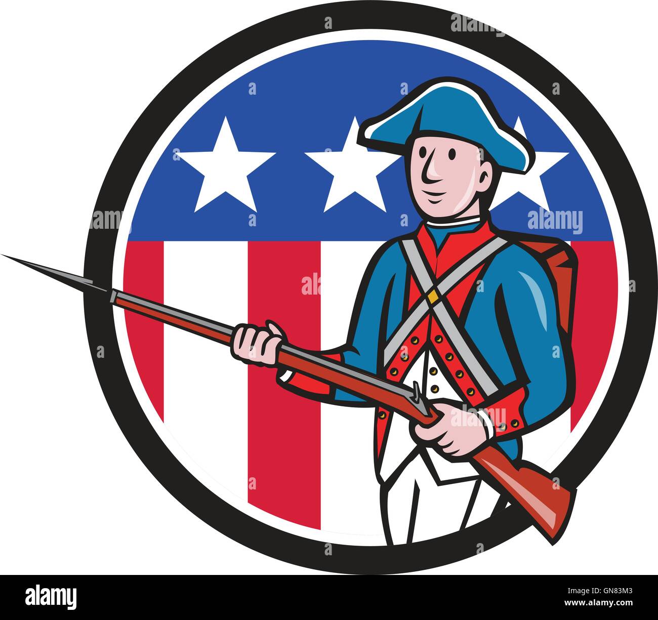 American Soldato Rivoluzionario bandiera degli Stati Uniti cerchio Cartoon Illustrazione Vettoriale